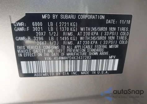 2019 Subaru Ascent Limited из США, поврежденный, VIN 4S4WMAPD4K3437283